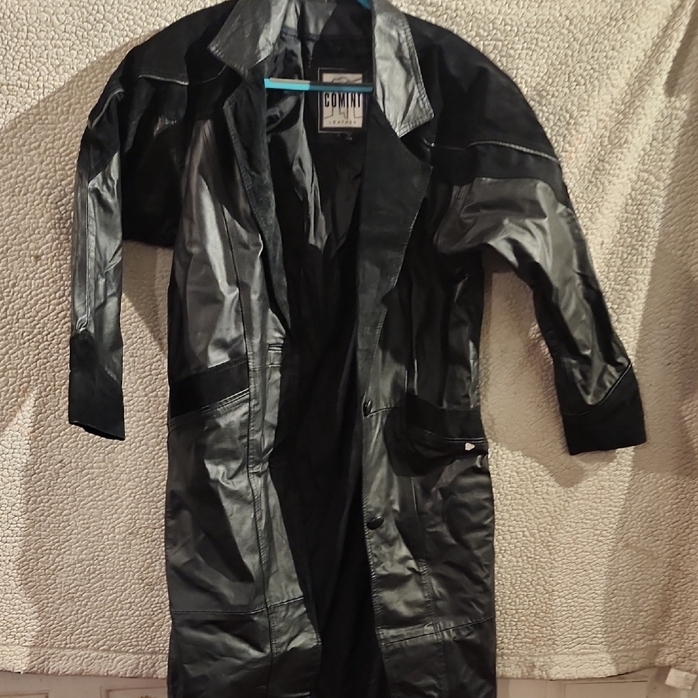 Comint Black Leather Trench Coat